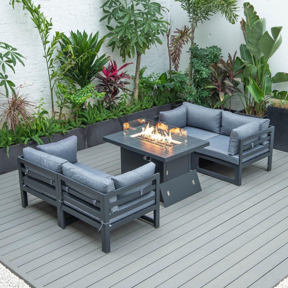LeisureMod Chelsea 5-Piece Sectional Loveseat and Fireplace Set Black Aluminum with Cushions, Blue. Picture 2