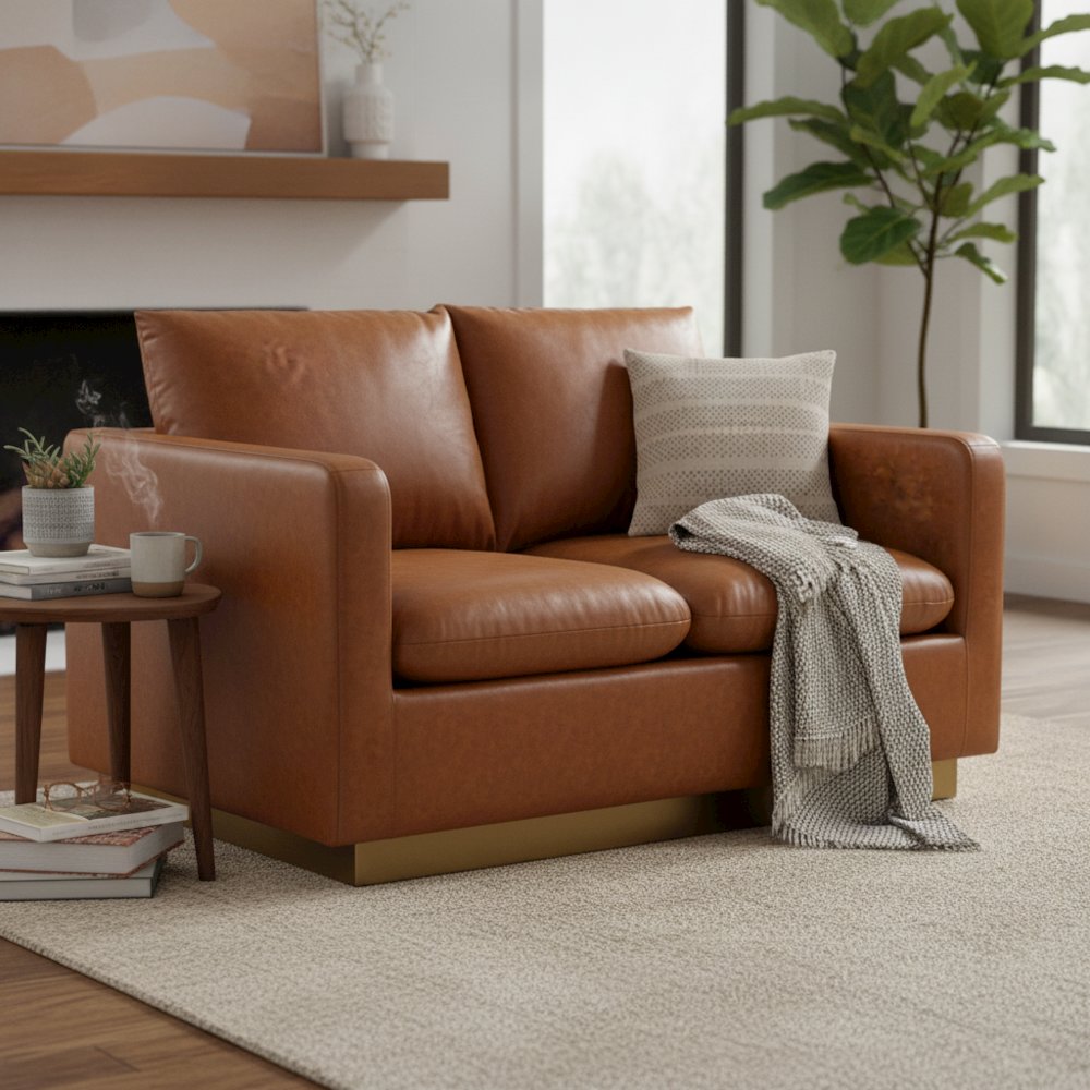 Nervo Modern Mid-Century Upholstered Leather Loveseat with Gold Frame. Picture 15