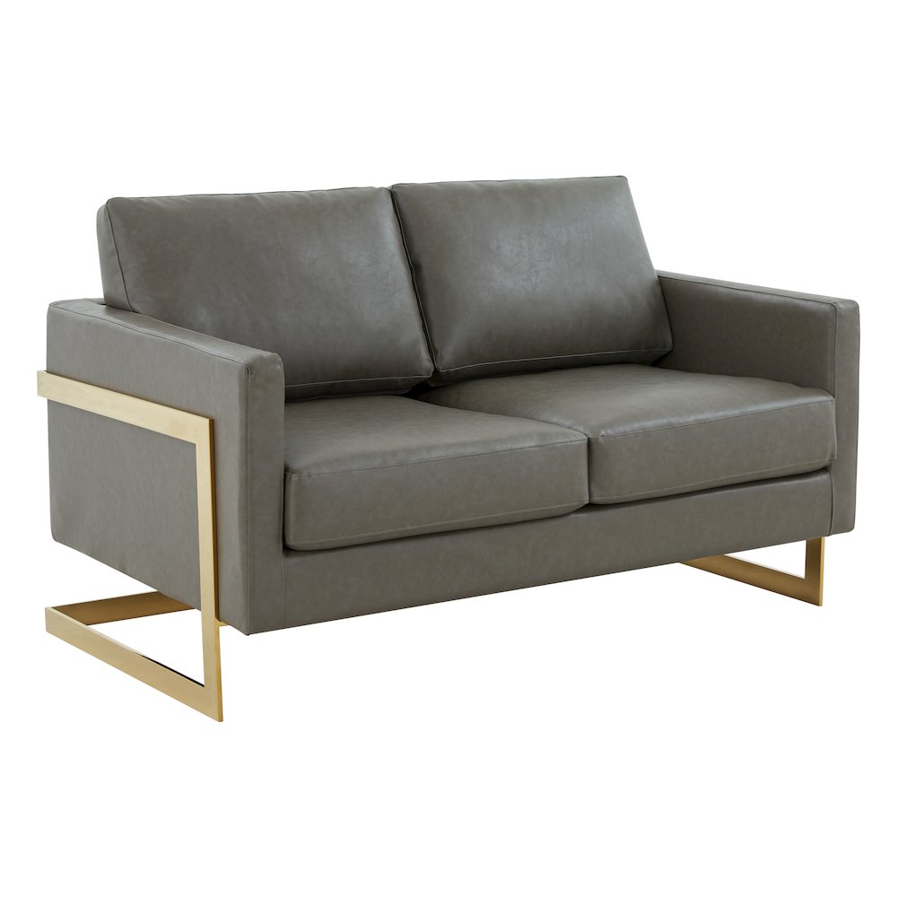 Lincoln Modern Mid-Century Upholstered Leather Loveseat with Gold Frame. Picture 1