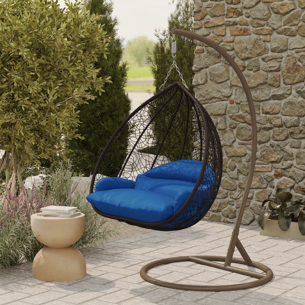 Recluse Collection Modern Outdoor Swing Chair Brown Frame with Blue Cushion. Picture 9