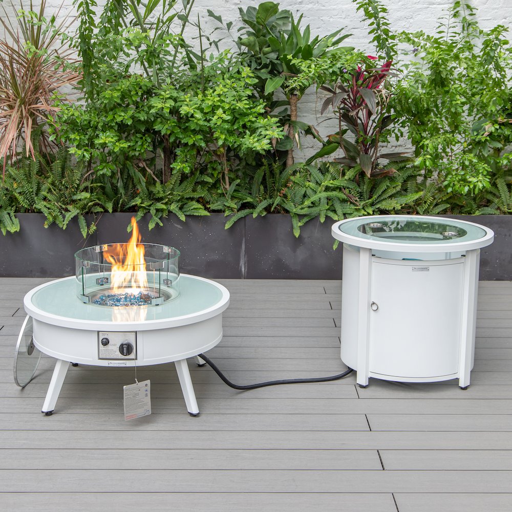 Walbrooke Patio Round Fire Pit and Tank Holder in White. Picture 1