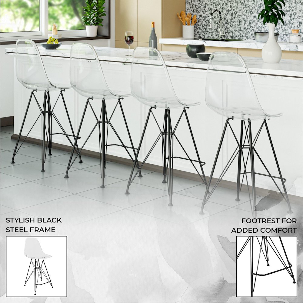 Modern Acrylic Bar stool Cresco Collection Black Base with Clear seat. Picture 11