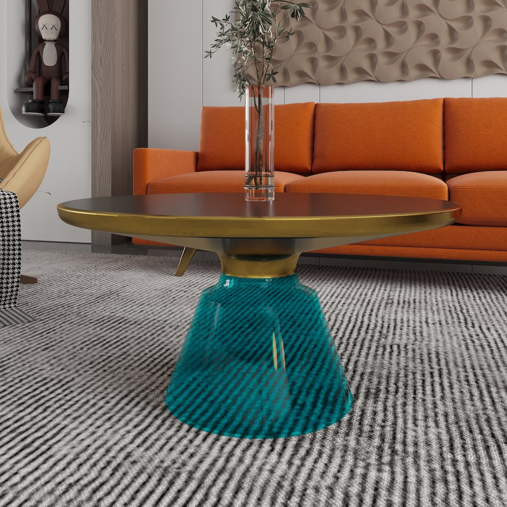 Tully Collection Glass Coffee Table Blue glass, Gold Rim with Black Glass top. Picture 8