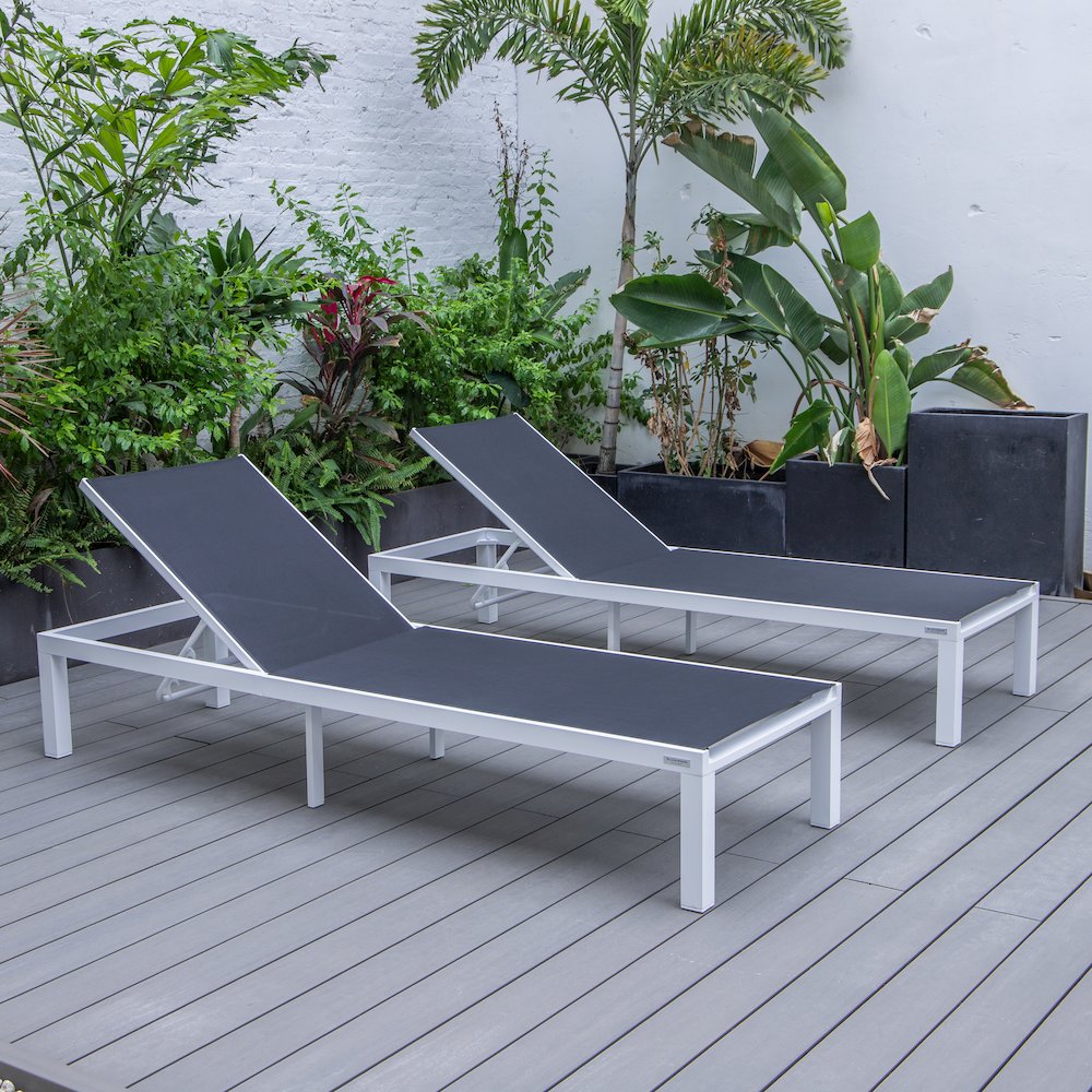 Marlin Patio Chaise Lounge Chair With White Aluminum Frame, Set of 2 in Black. Picture 5