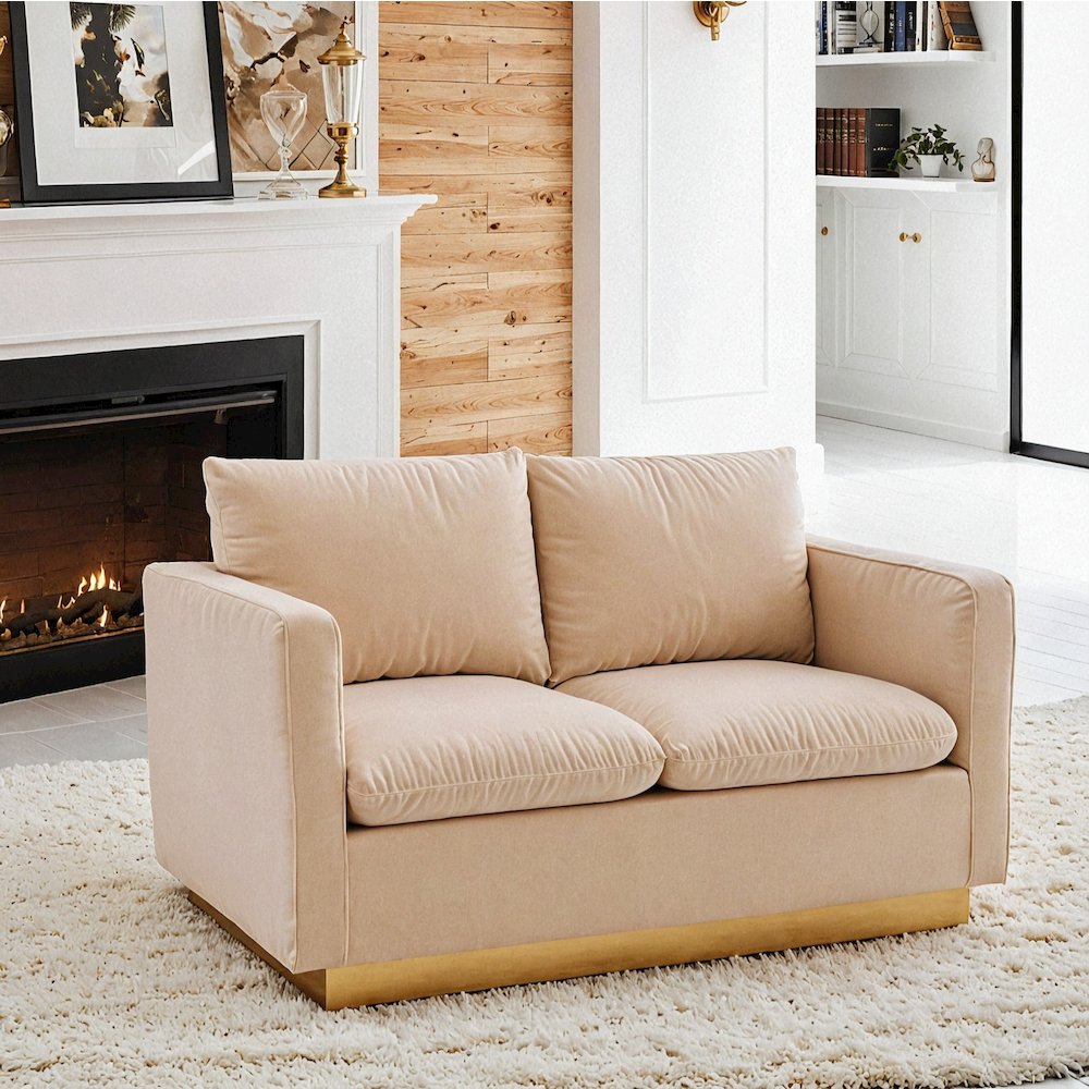 Nervo Modern Mid-Century Upholstered Velvet Loveseat with Gold Frame. Picture 15
