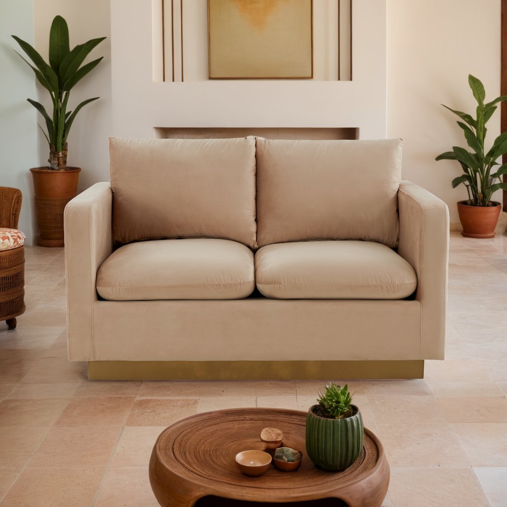 Nervo Modern Mid-Century Upholstered Velvet Loveseat with Gold Frame. Picture 16