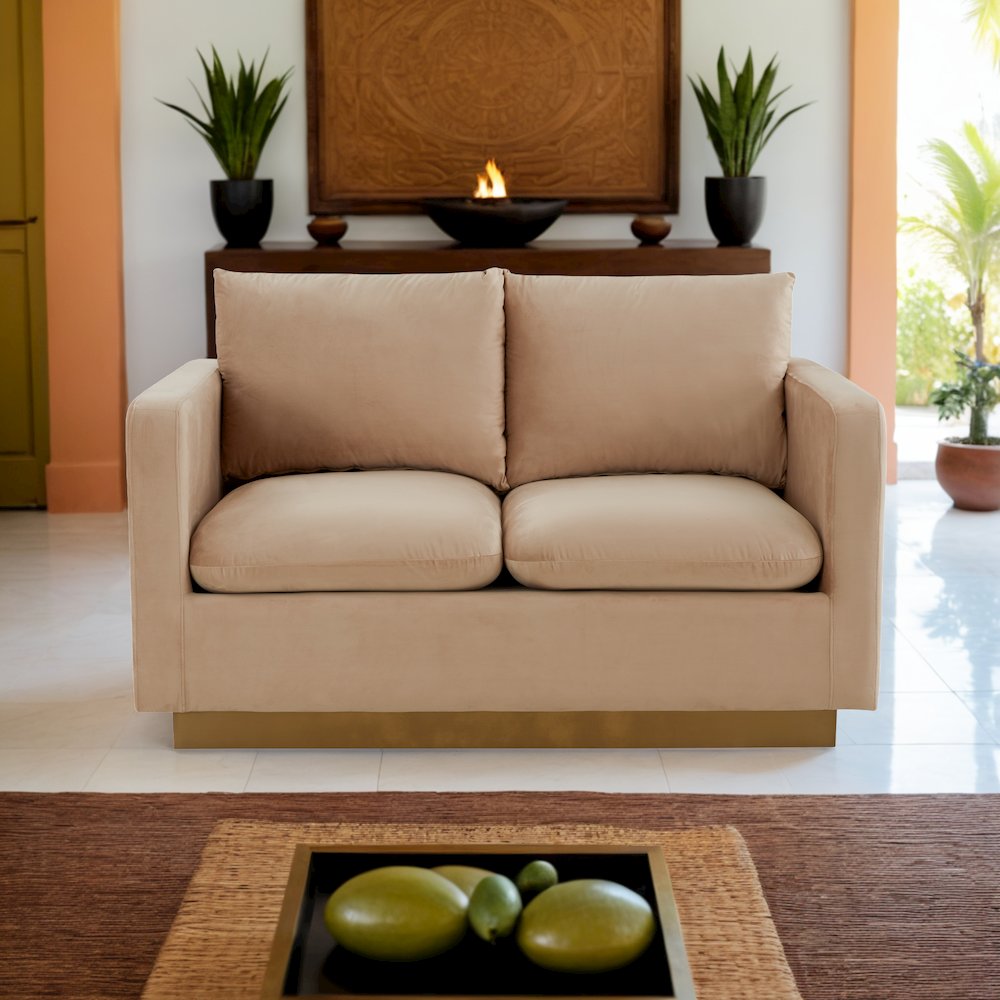 Nervo Modern Mid-Century Upholstered Velvet Loveseat with Gold Frame. Picture 21