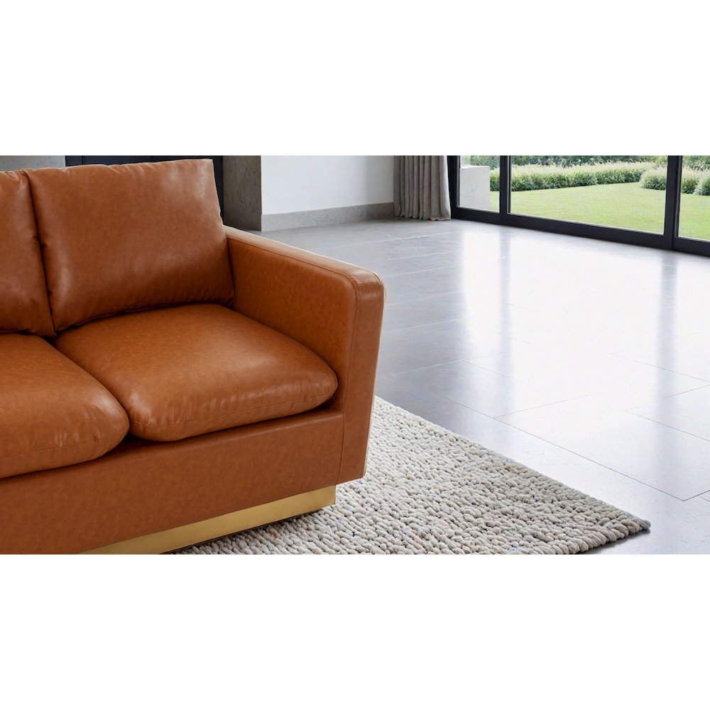 Nervo Modern Mid-Century Upholstered Leather Loveseat with Gold Frame. Picture 13