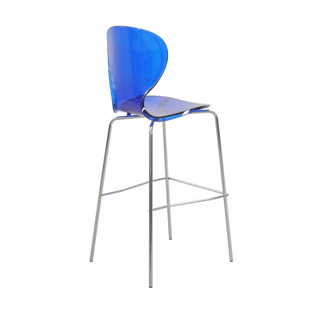 Oyster Acrylic Barstool with Steel Frame in Chrome Finish in Transparent Blue. Picture 6