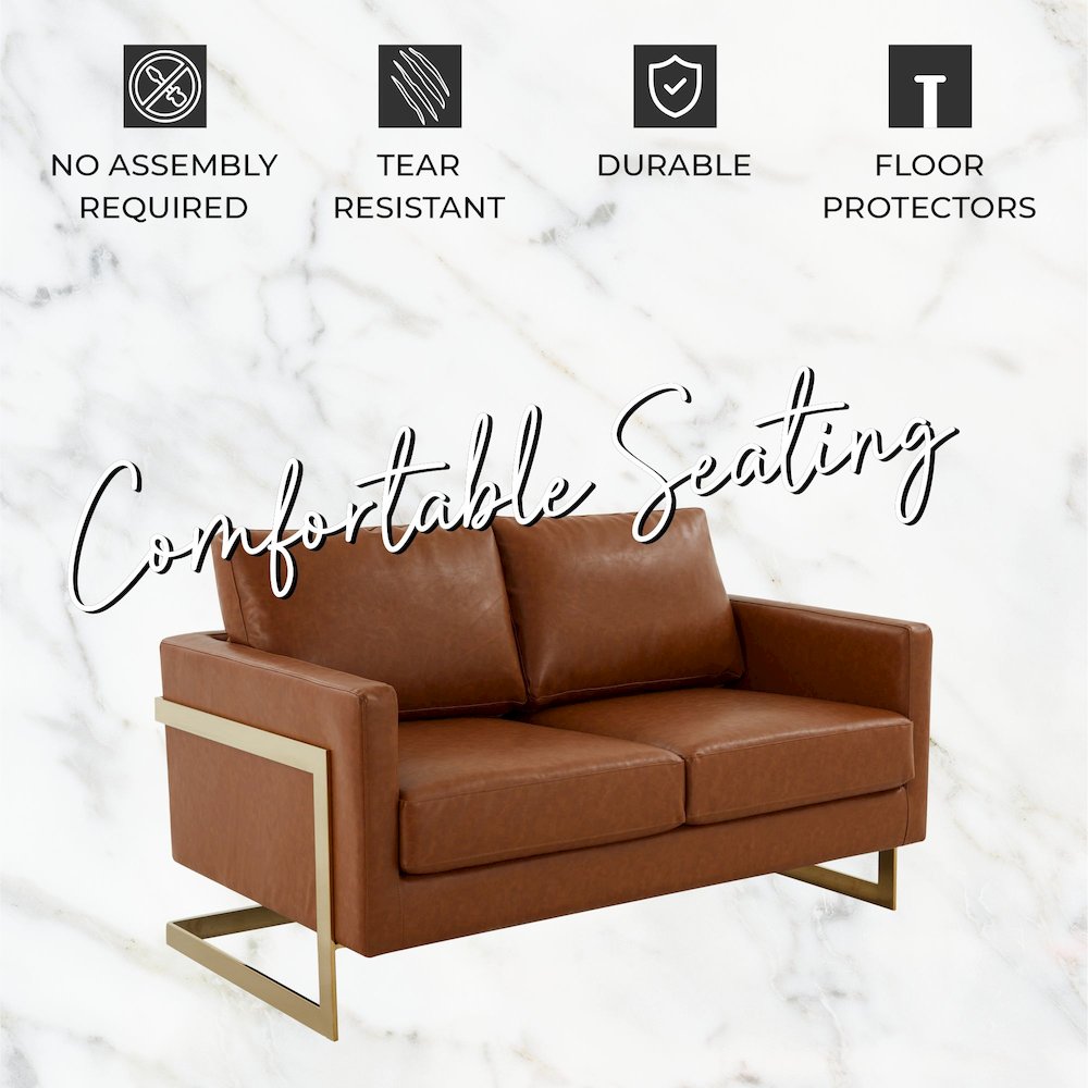 Lincoln Modern Mid-Century Upholstered Leather Loveseat with Gold Frame. Picture 10