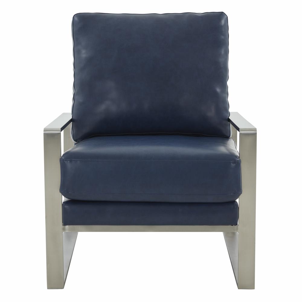 LeisureMod Jefferson Leather Modern Design Accent Armchair With Elegant Silver Frame, Navy Blue. Picture 3