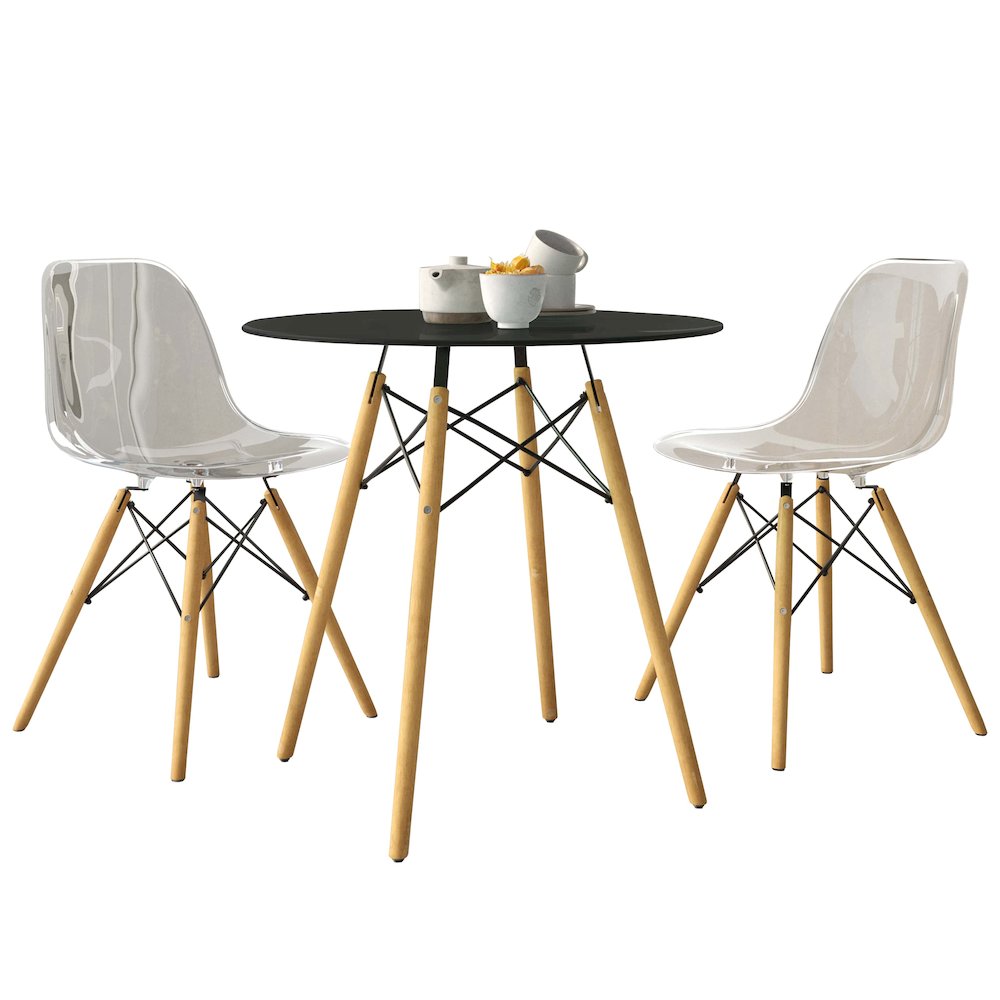 Dover 3-Piece Dining Set with Round Black MDF Top Bistro Table in Clear. Picture 1