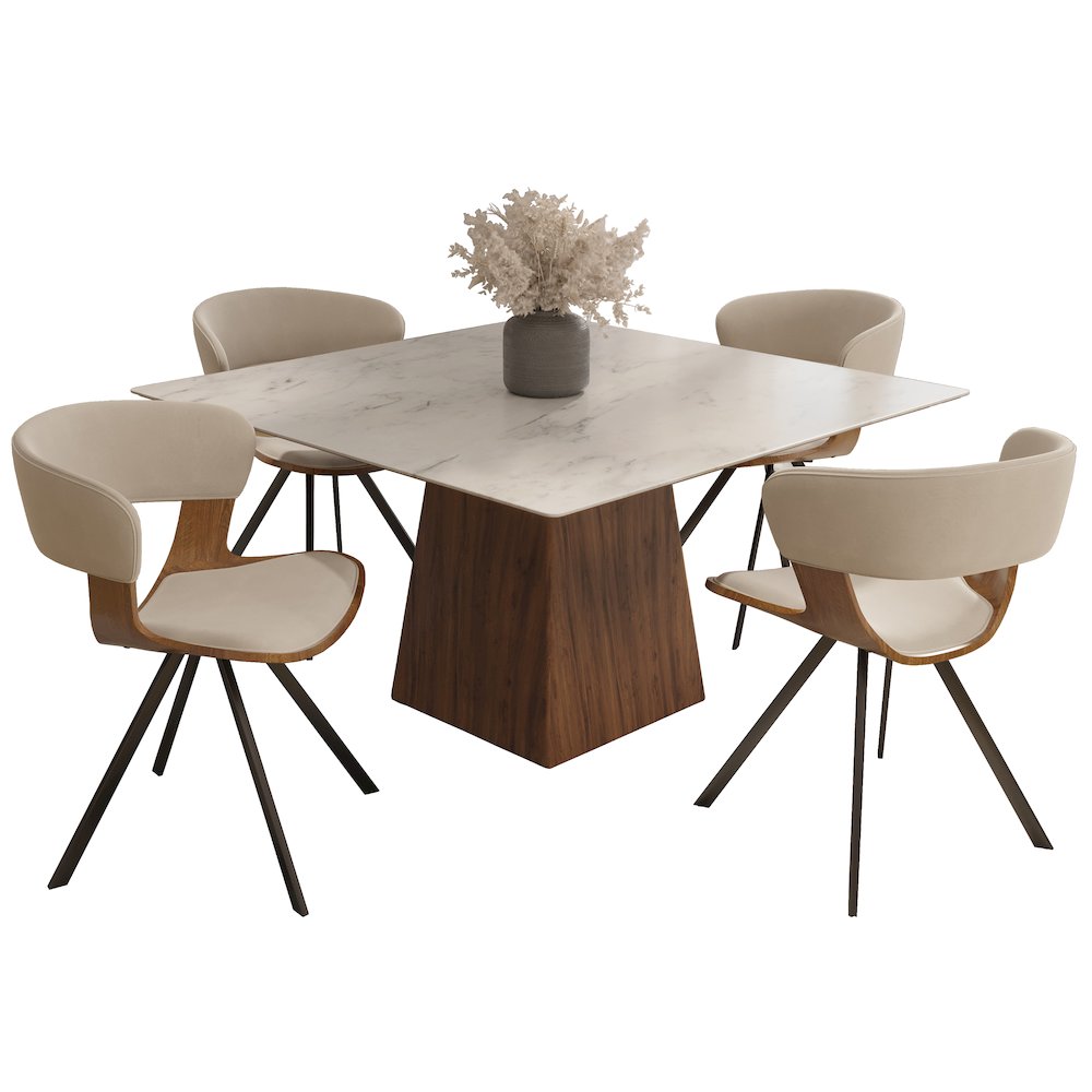 5-Piece Dining Set Square Dining Table White Sintered Stone Top. Picture 1