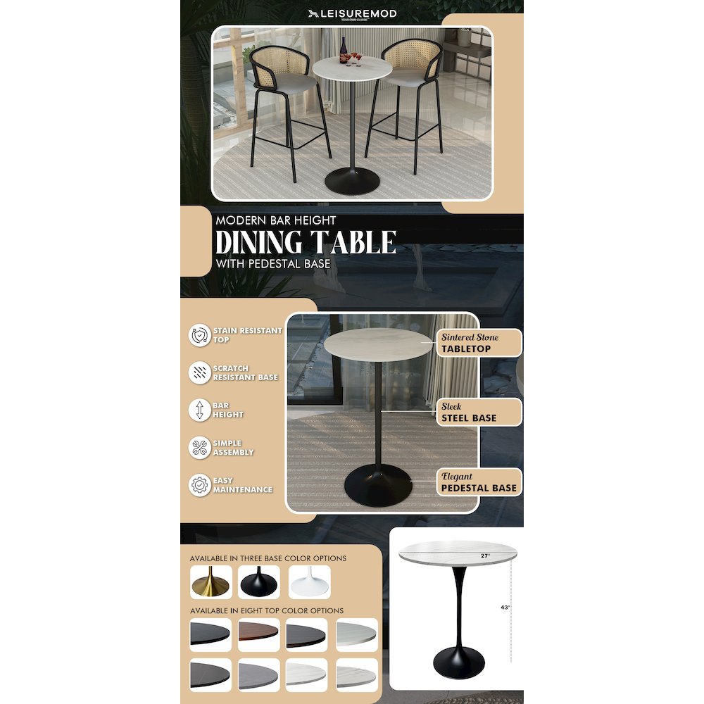 Bar Height Table Black Base with 27" Round Marble White Sintered Stone Top. Picture 12