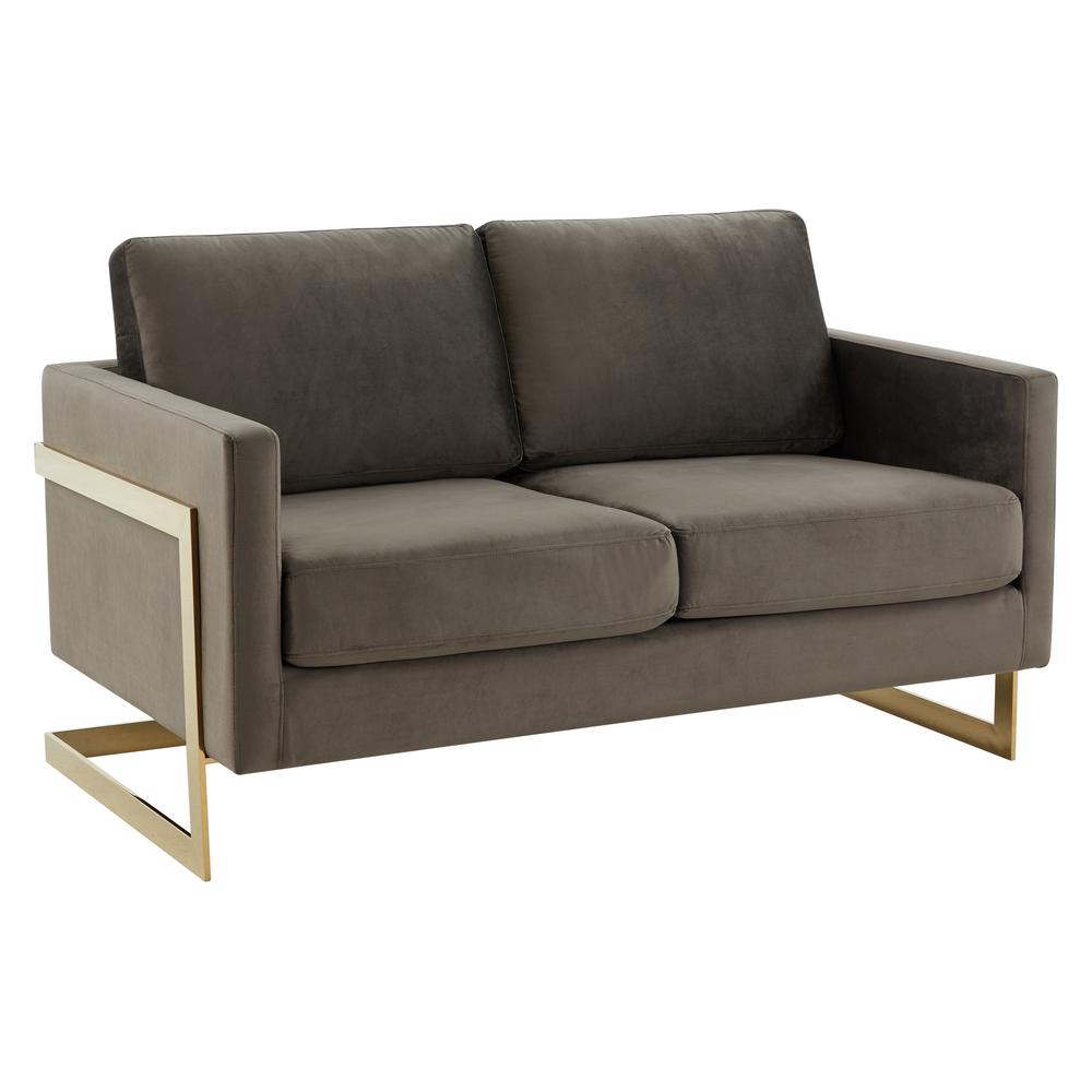 LeisureMod Lincoln Modern Mid-Century Upholstered Velvet Loveseat with Gold Frame, Dark Grey. Picture 1
