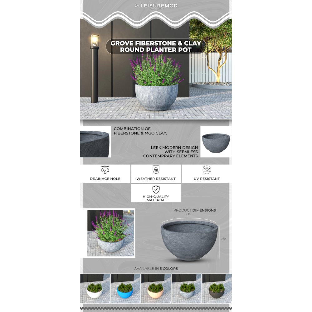 Grove Series Hemisphere Poly Clay Planter in Aged Concrete 14.9 Dia, 7.8 High. Picture 1