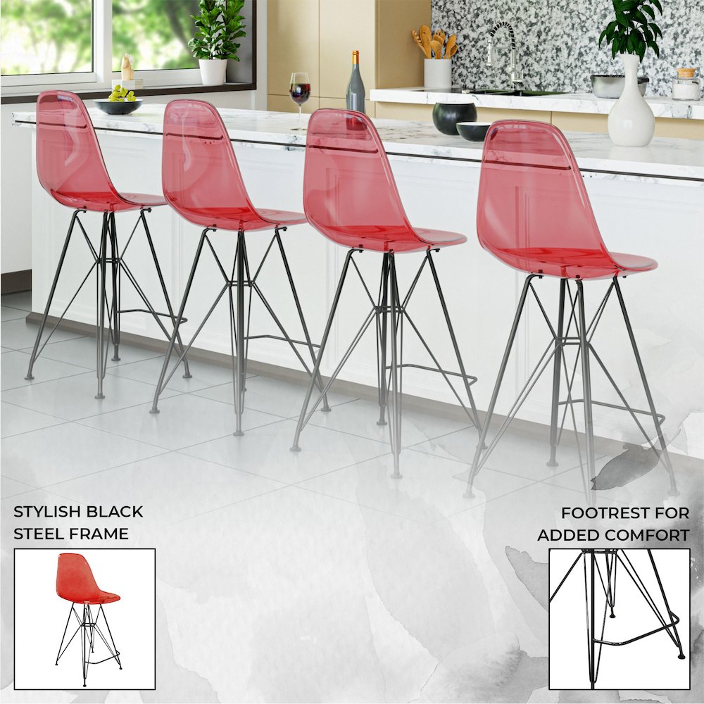 Modern Acrylic Bar stool Cresco Collection Black Base with Trans Red seat. Picture 24