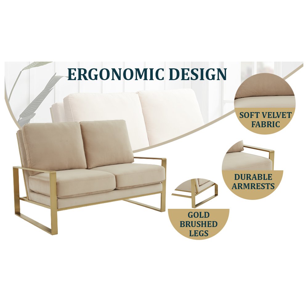Jefferson Contemporary Modern Velvet Loveseat With Gold Frame. Picture 9