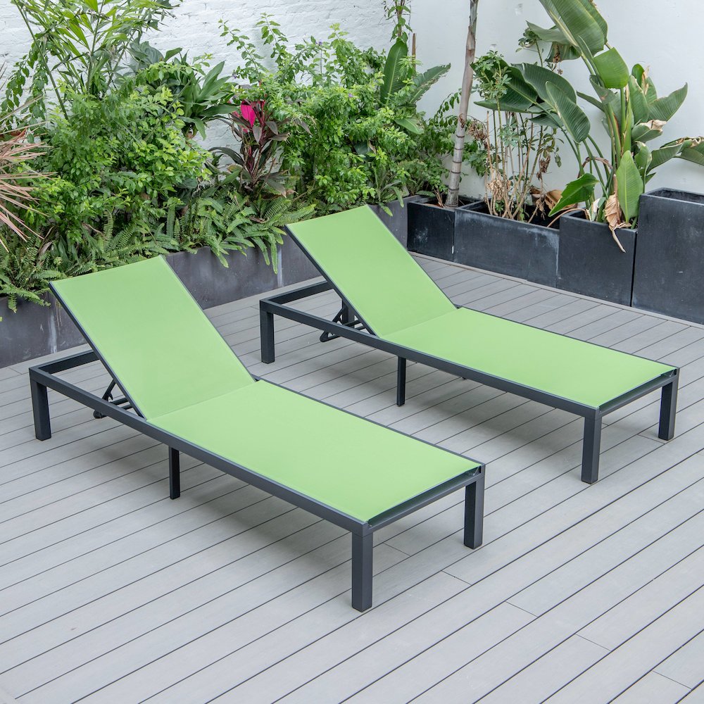 Marlin Patio Chaise Lounge Chair With Black Aluminum Frame, Set of 2 in Green. Picture 1