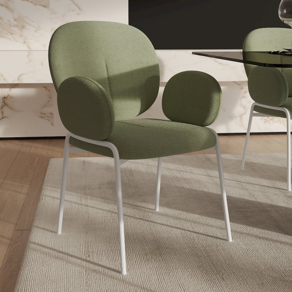 Celestial Series Boucle Dining Arm Chair, White Frame with Green Fabric. Picture 2