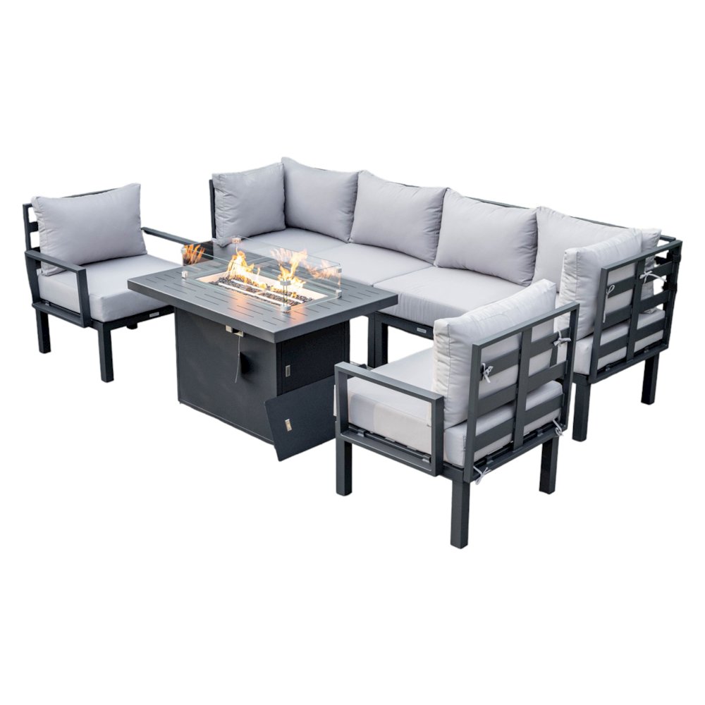 Chelsea 7-Piece Patio Sectional And Fire Pit Table Black Aluminum With Cushions. Picture 36