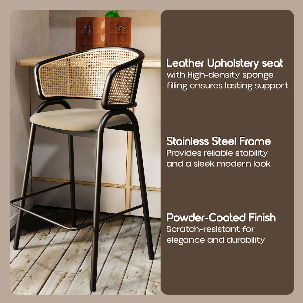 Ervilla Wicker Bar Stool with Fabric Seat and Black Steel Frame - Taupe. Picture 2
