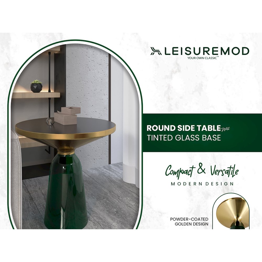 Tully Collection Glass side Table Green glass, Gold Rim with Black Glass top. Picture 19