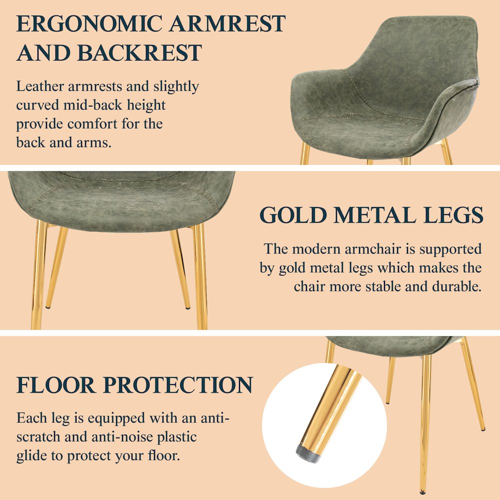 Markley Modern Leather Dining Arm Chair With Gold Metal Legs Set of 2. Picture 2