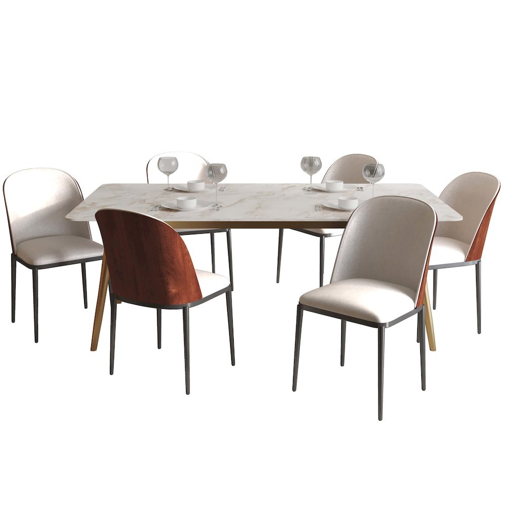 Zayle 7-Piece Dining Set with 55" Rectangular Dining Side Chair in Walnut/Beige. Picture 4