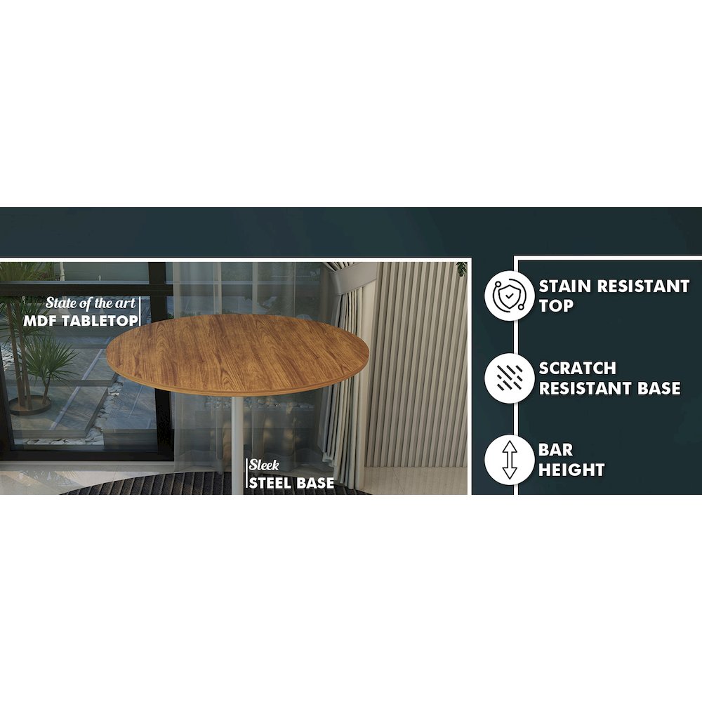 Bar Height Table White Base with 36" Round Cognac Brown MDF Top. Picture 9
