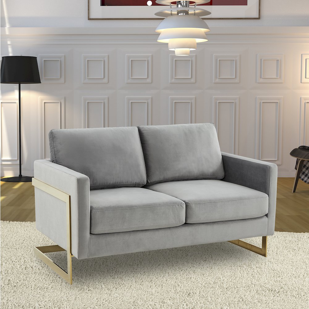 Lincoln Modern Mid-Century Upholstered Velvet Loveseat with Gold Frame. Picture 4