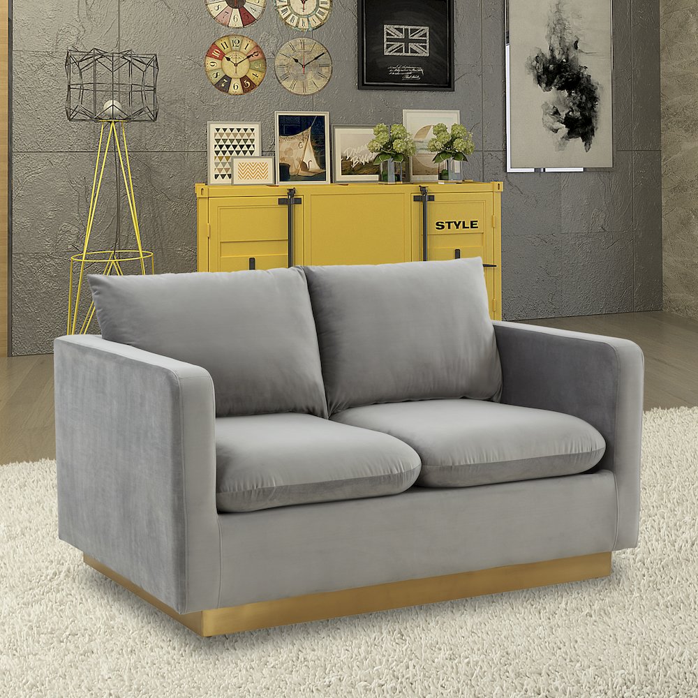 Nervo Modern Mid-Century Upholstered Velvet Loveseat with Gold Frame. Picture 3