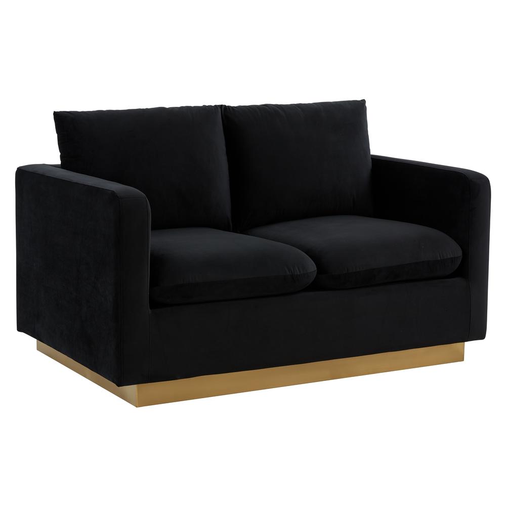 LeisureMod Nervo Modern Mid-Century Upholstered Velvet Loveseat with Gold Frame, Midnight Black. Picture 1
