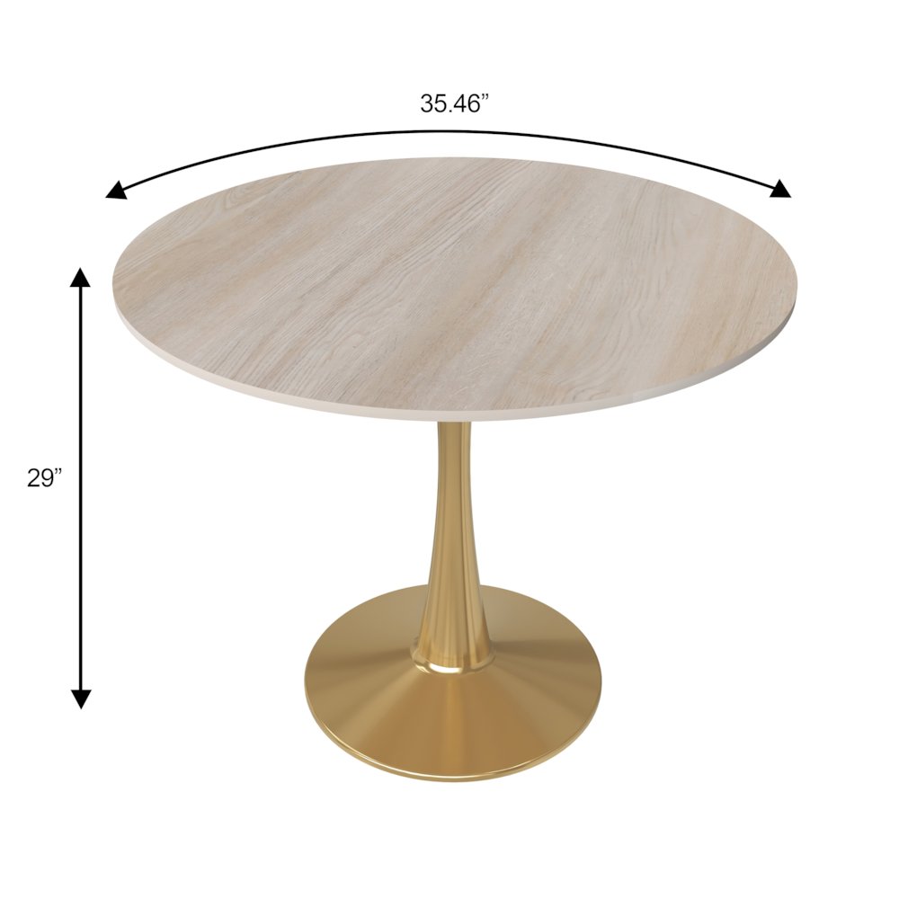 Bristol 35" Round Dining Table Gold Base with Sintered Stone Natural Wood Top. Picture 11