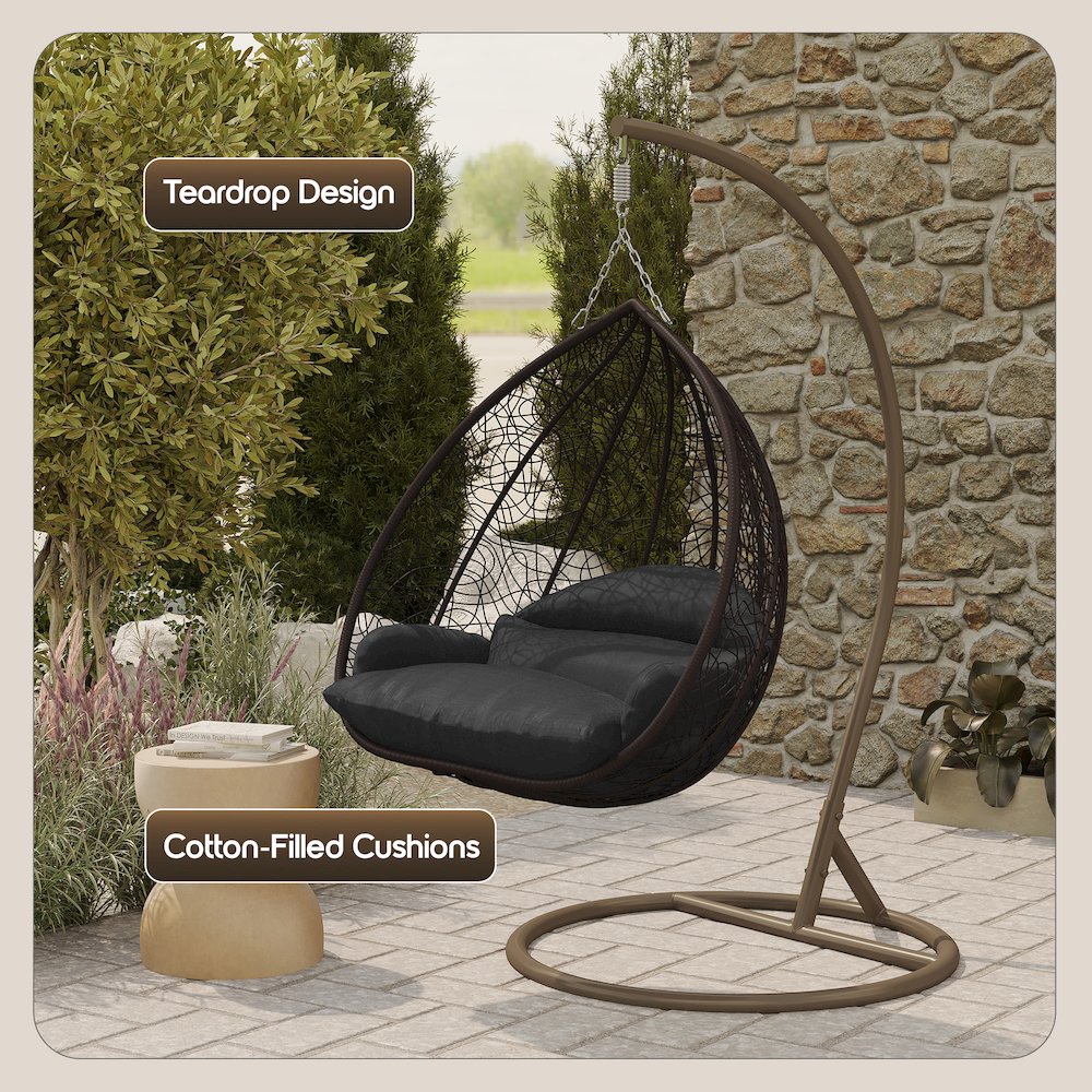 Recluse Collection Modern Outdoor Swing Chair Brown Frame with Black Cushion. Picture 5
