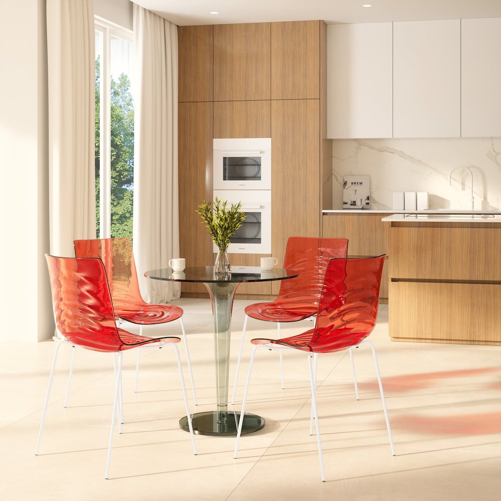 Astor Water Ripple Design Dining Chair in White Base Trans Red Seat. Picture 3