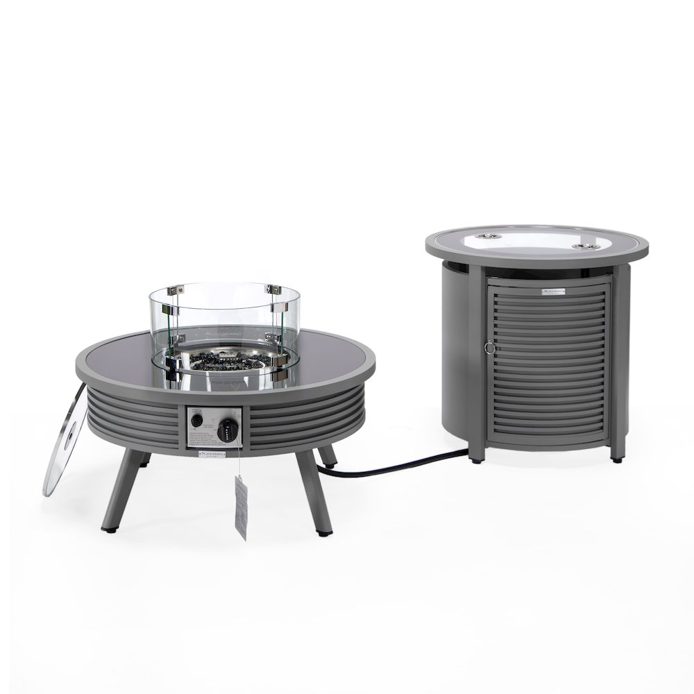 Walbrooke Patio Round Fire Pit and Tank Holder with Slats Design in Grey. Picture 4