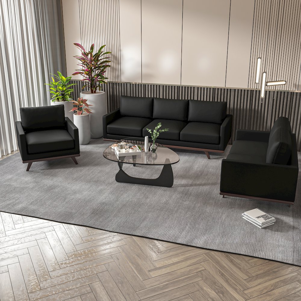 Chester 3-Piece Leather Living Room Sofa Set with Birch Wood Base Black. Picture 8