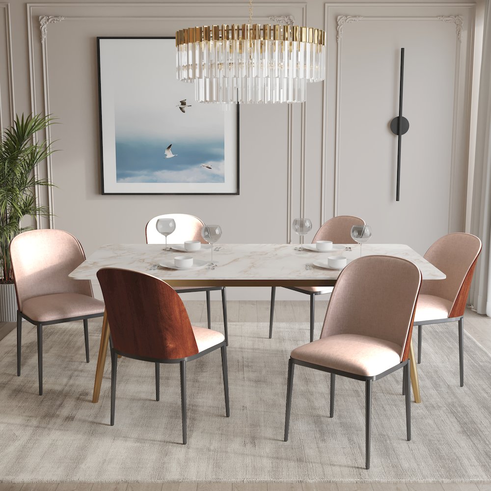 Zayle 7-Piece Dining Set with 55" Dining Side Chair in Walnut/Light Brown. Picture 3