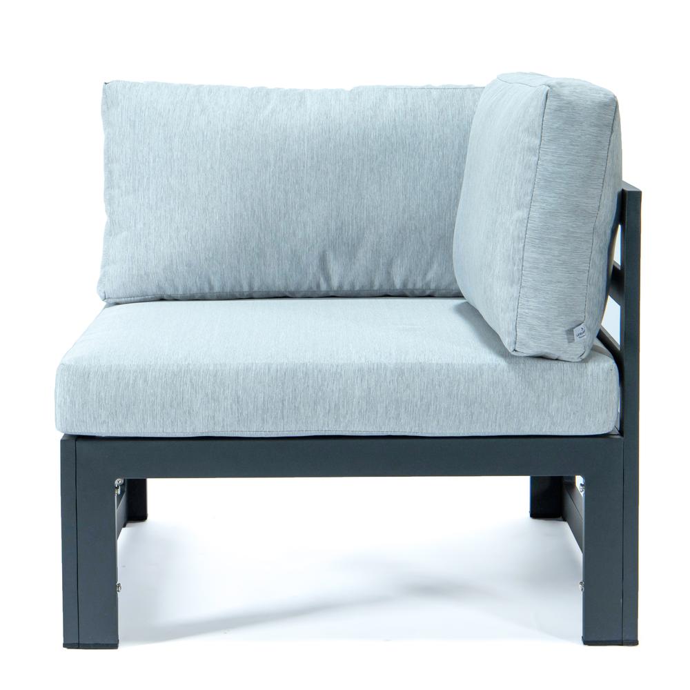 LeisureMod Chelsea 5-Piece Sectional Loveseat and Fireplace Set Black Aluminum with Cushions, Light Grey. Picture 9