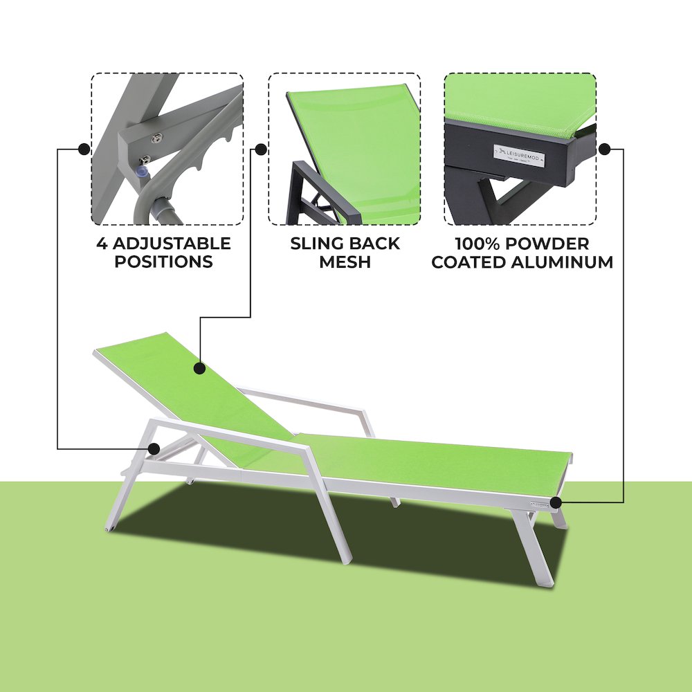 Marlin Patio Chaise Lounge Chair With Armrests in White Aluminum Frame. Picture 1