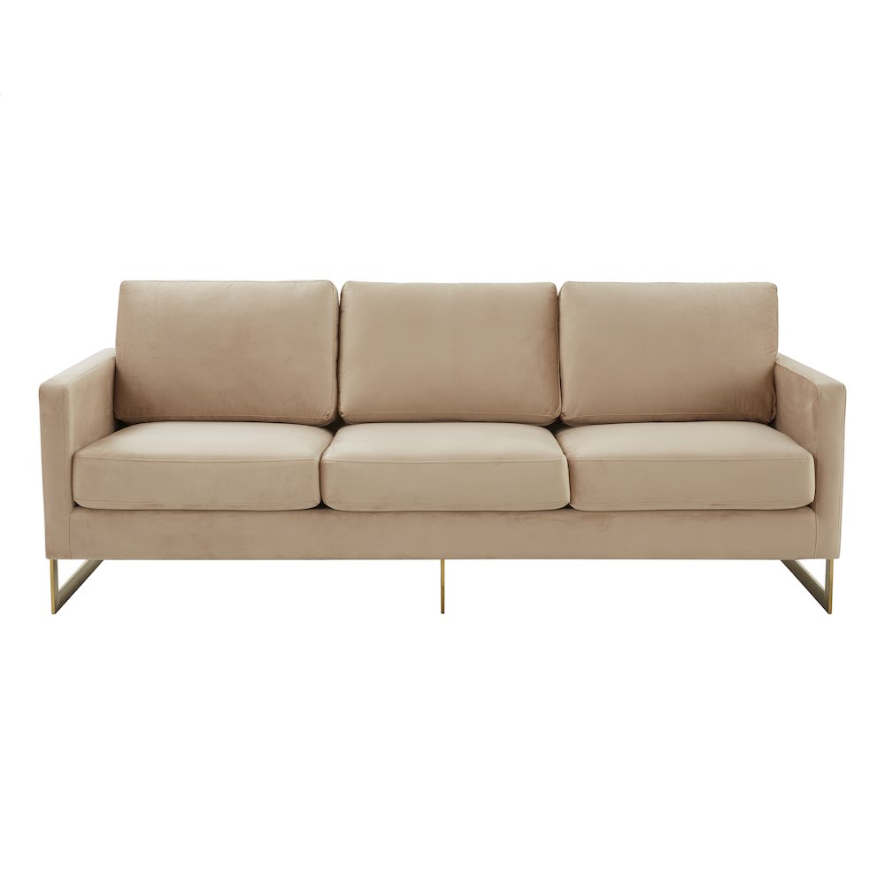 Lincoln Modern Mid-Century Upholstered Velvet Sofa with Gold Frame. Picture 5