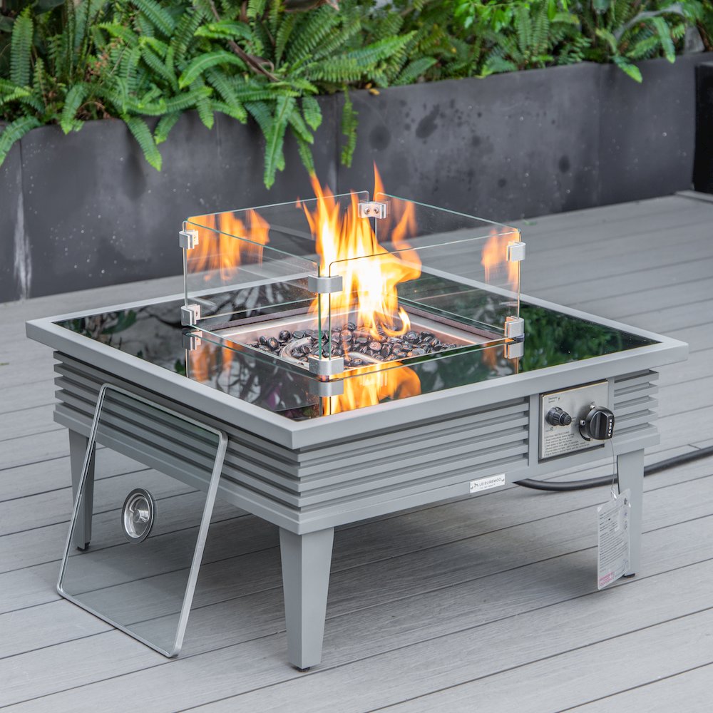 Walbrooke Patio Square Fire Pit and Tank Holder with Slats Design in Grey. Picture 5
