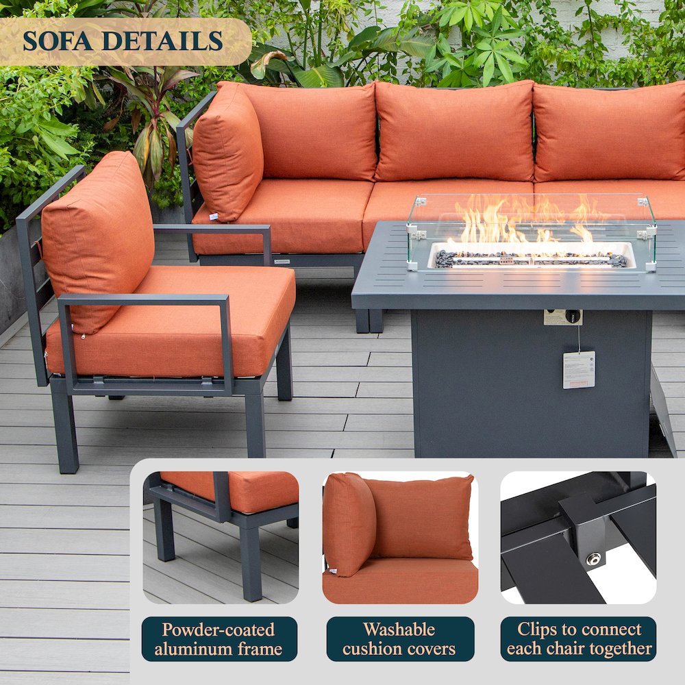 Chelsea 7-Piece Patio Sectional And Fire Pit Table Black Aluminum With Cushions. Picture 38