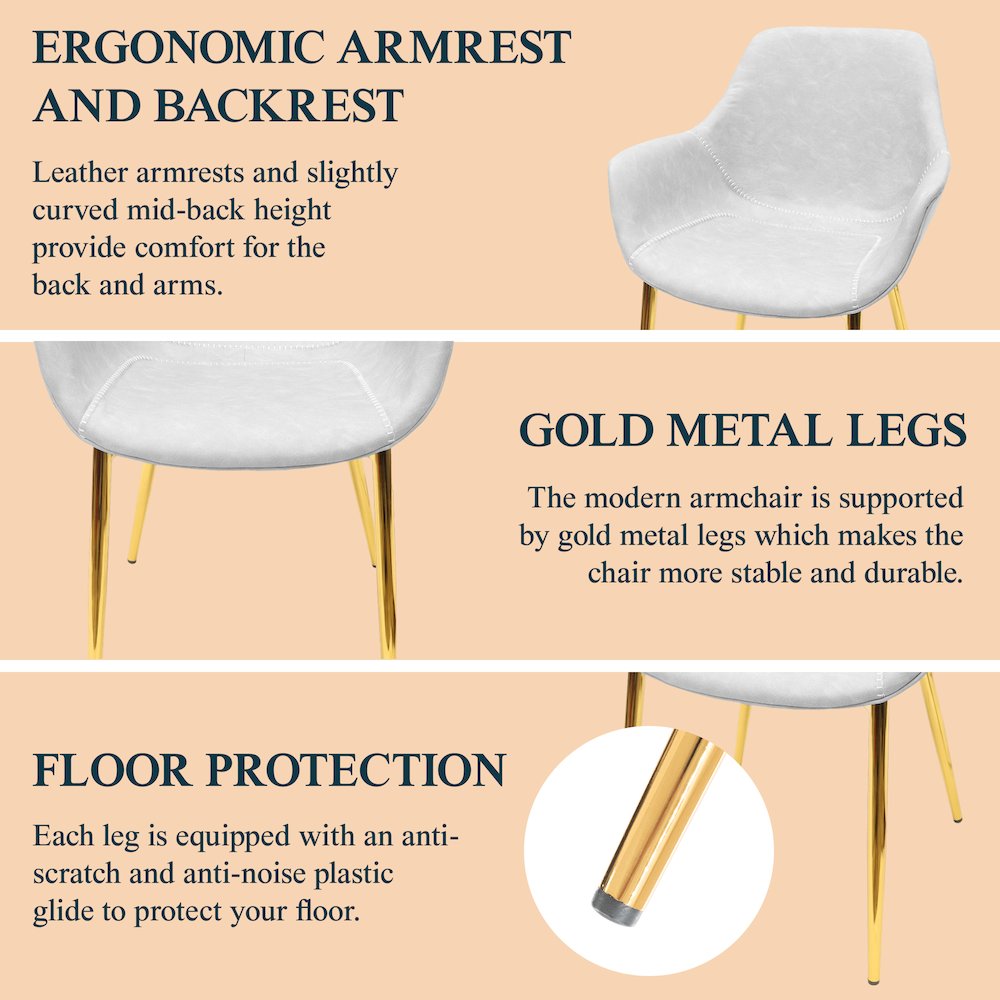 Markley Modern Leather Dining Arm Chair With Gold Metal Legs Set of 4. Picture 4