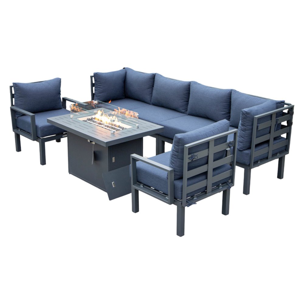 Chelsea 7-Piece Patio Sectional And Fire Pit Table Black Aluminum With Cushions. Picture 41