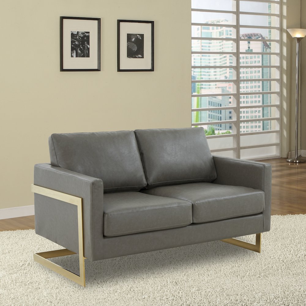 Lincoln Modern Mid-Century Upholstered Leather Loveseat with Gold Frame. Picture 4