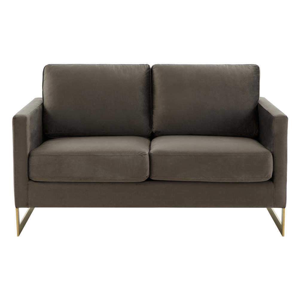 LeisureMod Lincoln Modern Mid-Century Upholstered Velvet Loveseat with Gold Frame, Dark Grey. Picture 3