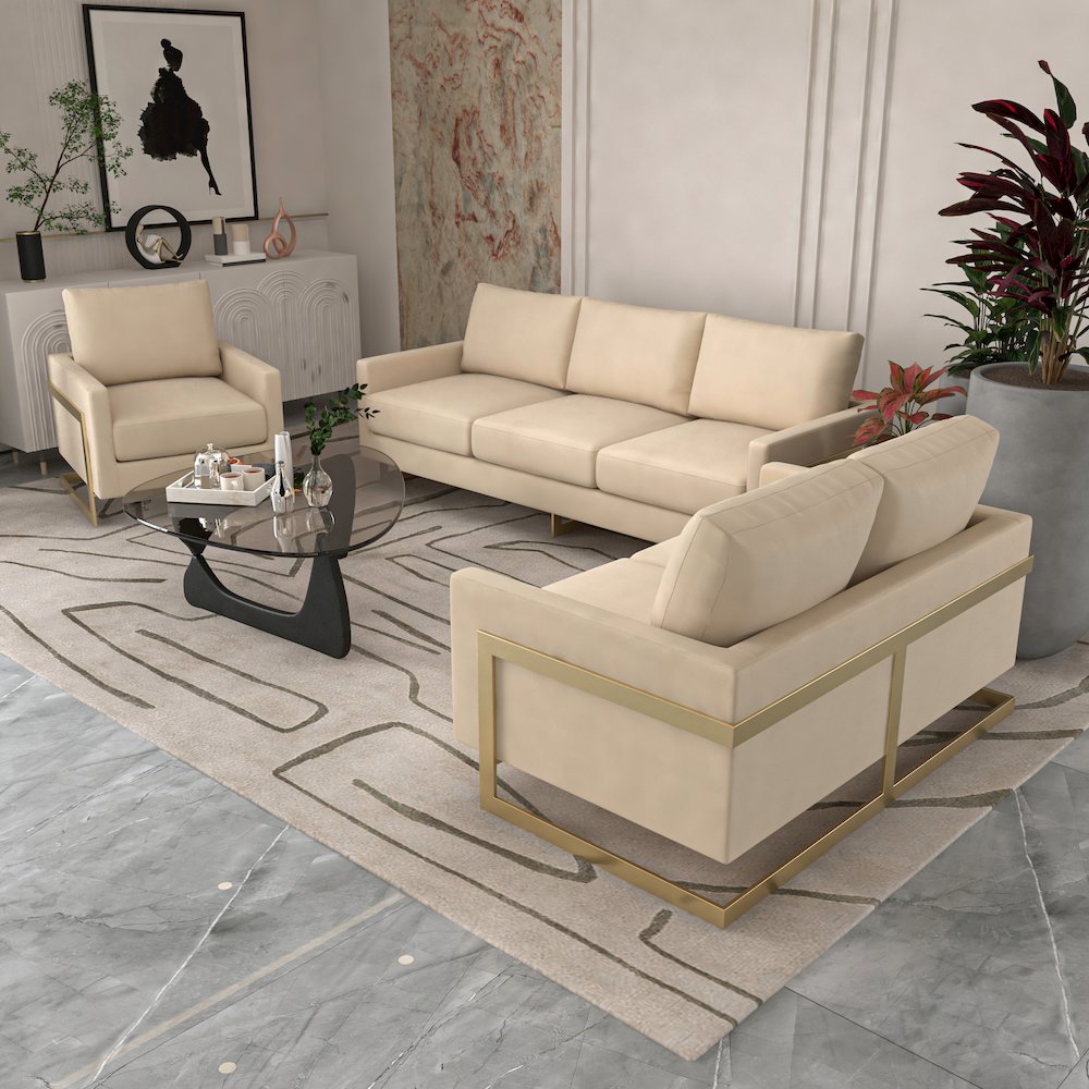 Lincoln 3-Piece Velvet Living Room Sofa Set With Gold Frame. Picture 8