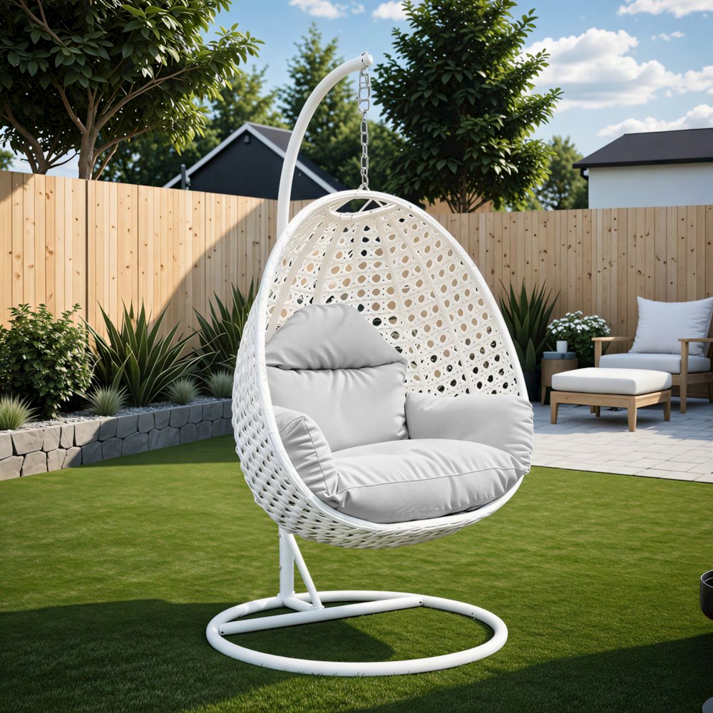 White Wicker Hanging Egg Swing Chair. Picture 11